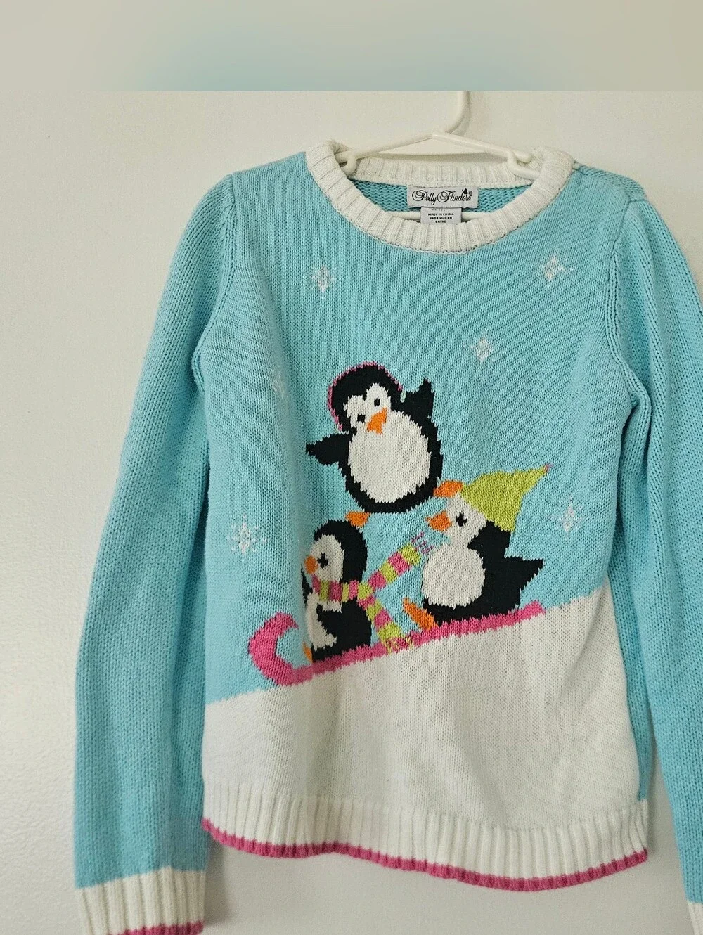 Polly Flinders Girls Sweater L 6X Penguin Winter Snow Sledding Christmas Knit